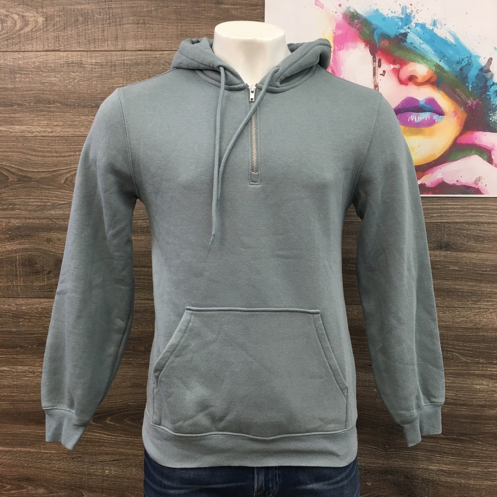 H&M Relaxed Fit Mens‎ Hoodie Pullover Sweatshirt Quarter Zip Blue Gray L